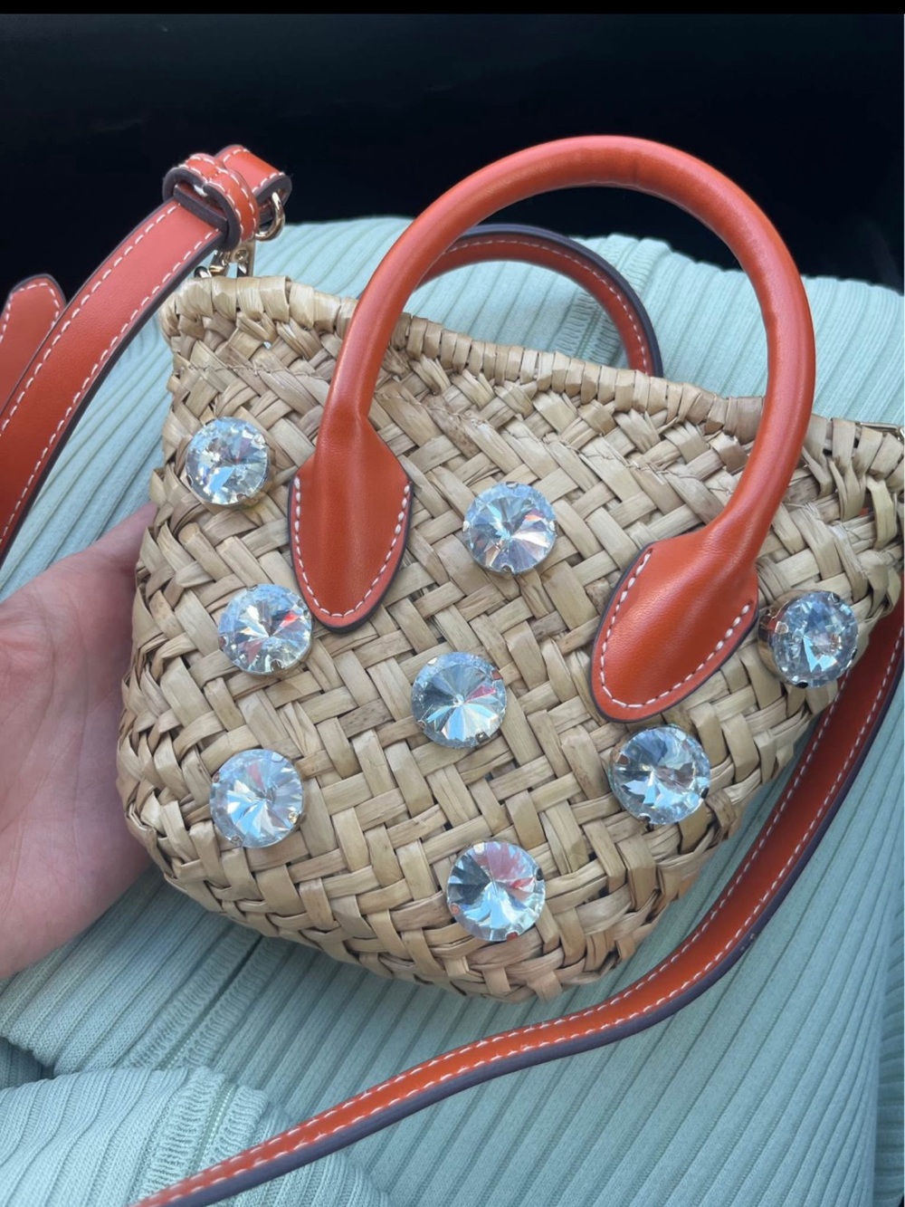 Zara Straw Mini Crossbody with Orange Handles & Green Scarf - Picture 3 of 3